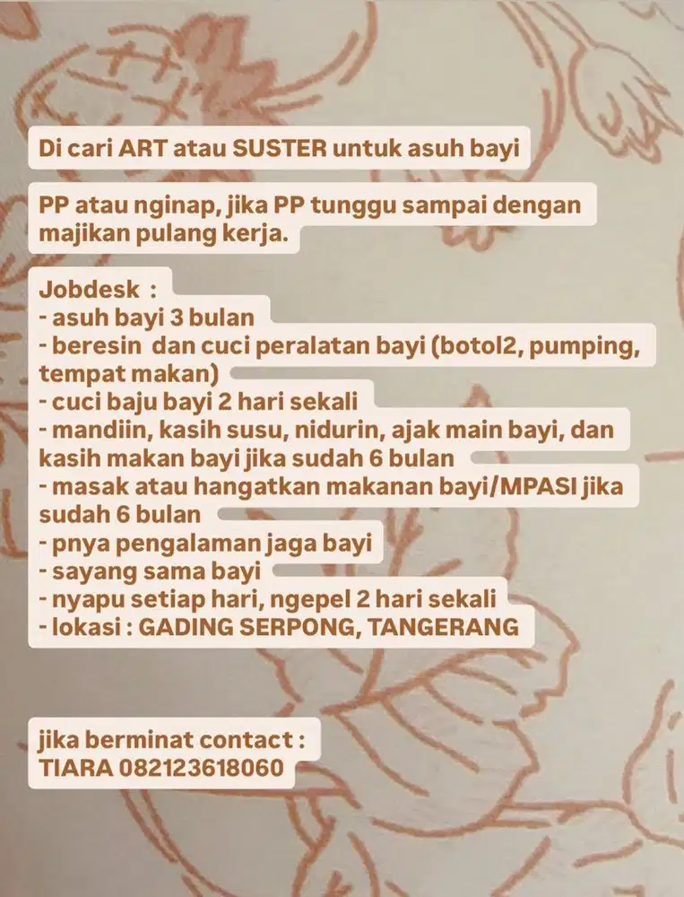 Dicari ART atau Suster