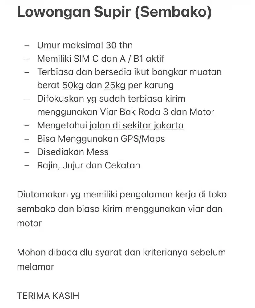 Dibutuhkan Supir untuk Toko Sembako