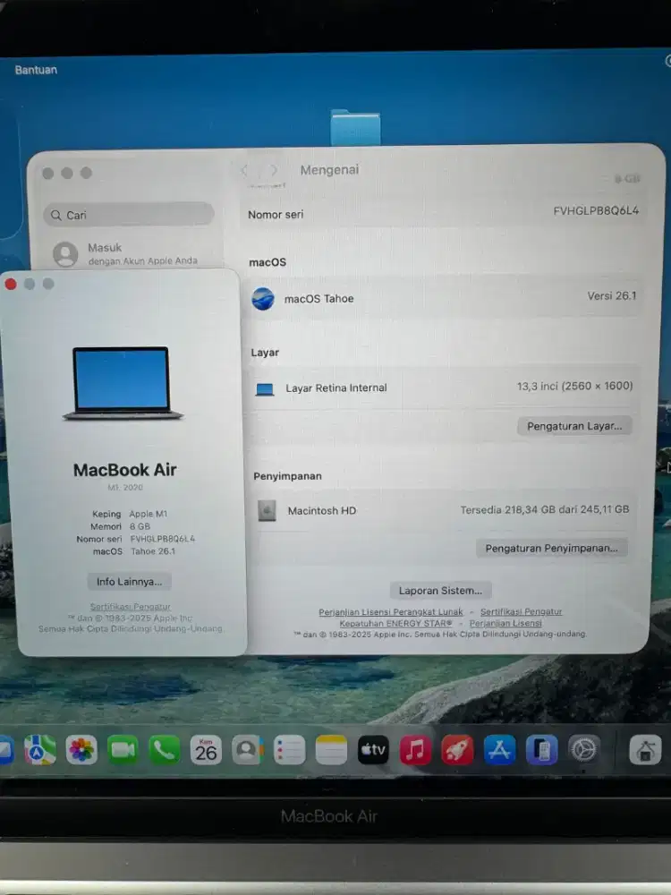 Macbook Air M1 Layar 13 inch Ram 8 Ssd 256 Space Grey