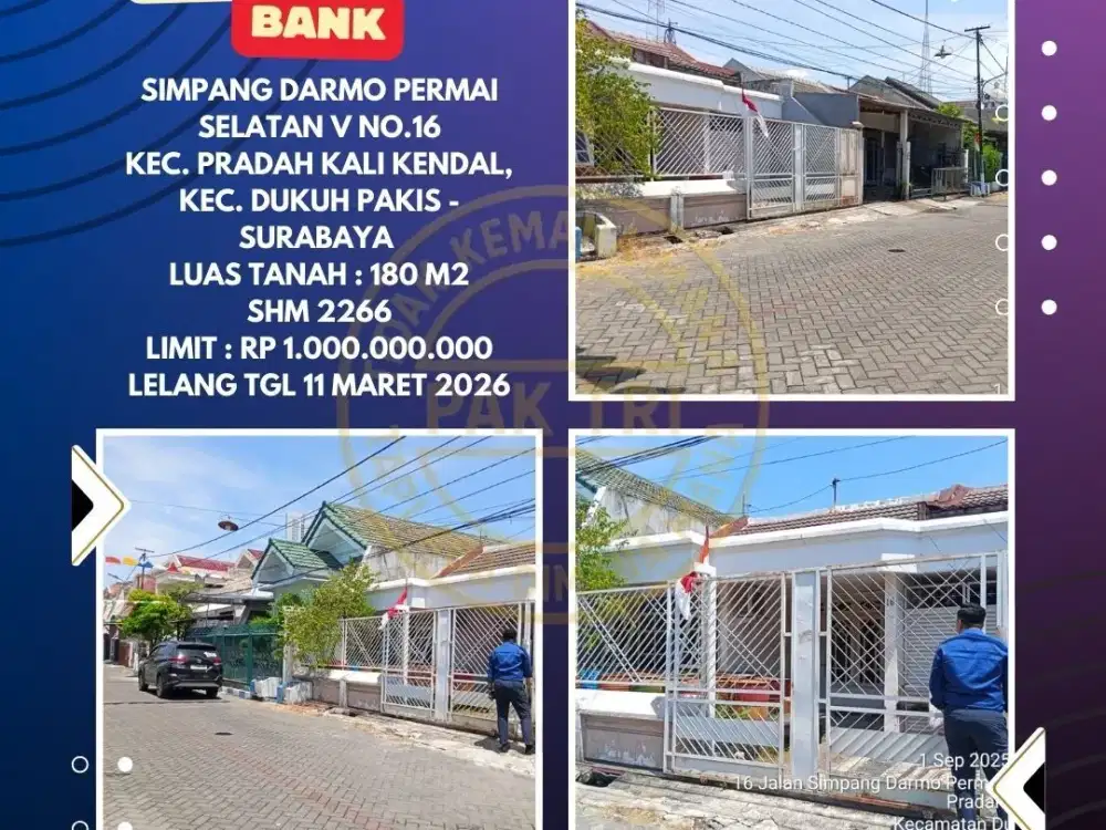 JUAL RUMAH LELANG BANK DI DUKUH PAKIS SURABAYA (SIMPANG DARMO PERMAI SELATAN) – LELANG KPKNL
