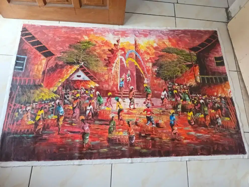 Lukisan kanvas tema pasar traditional bali