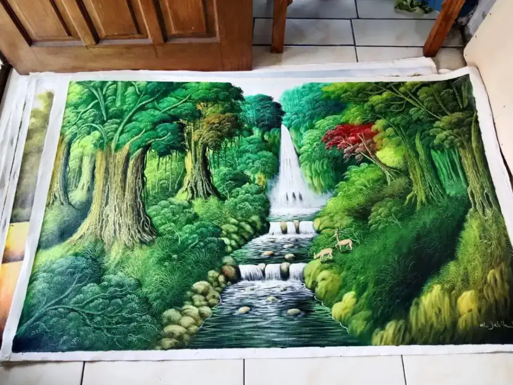 Lukisan kanvas tema hutan air terjun