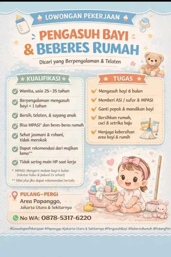 Lowongan ART Momong Anak dan Beberes Rumah