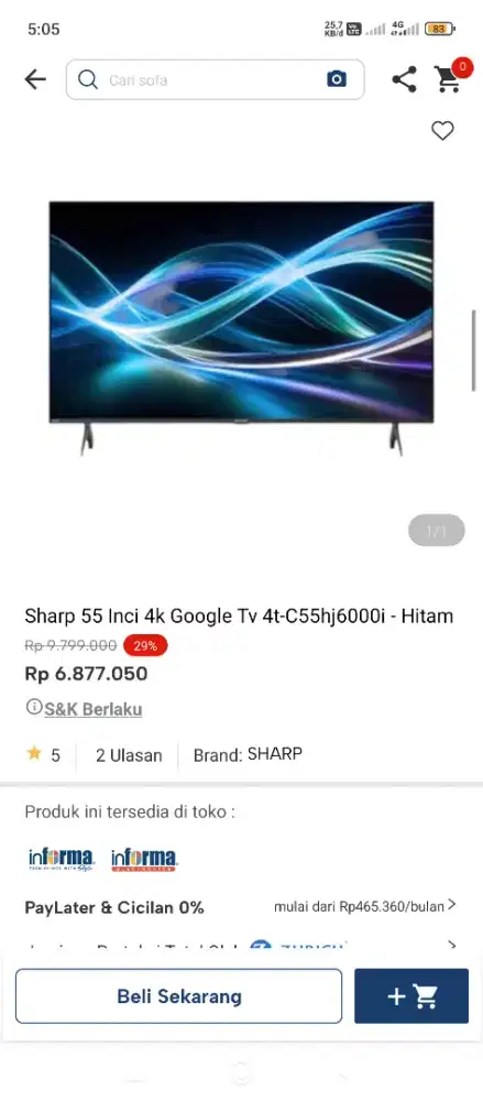 Sharp Google TV 55 Inc bisa kredit tanpa dp pakai Indodana paylater