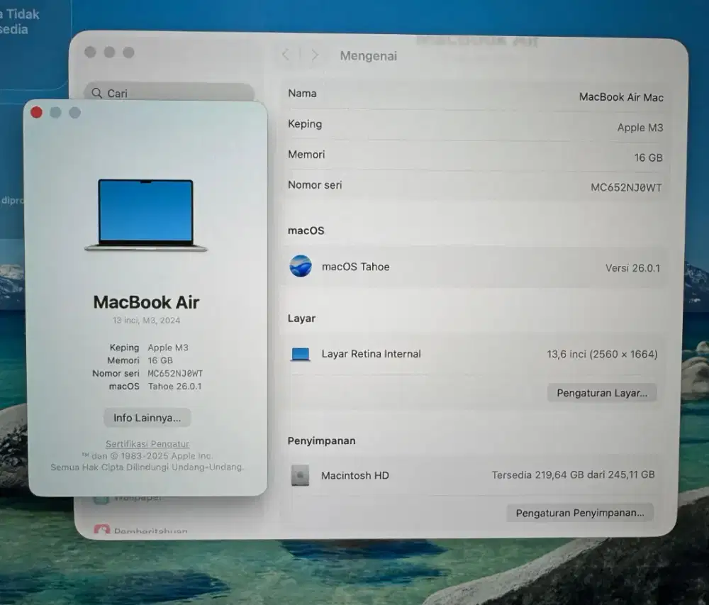 Macbook Air M3 Ram 16 Ssd 256 Layar 13 inch Full set Starlight mulus
