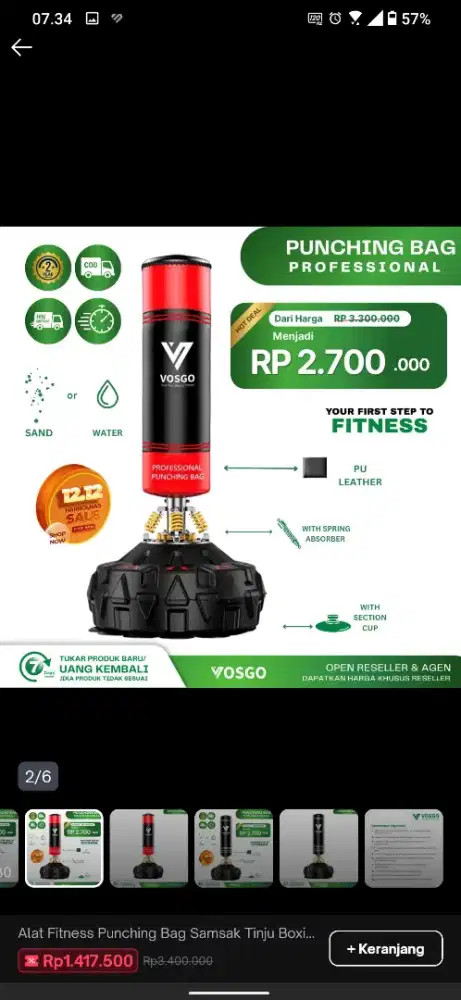 Alat Fitness Punching Bag Samsak Tinju Boxing Vosgo - Hitam