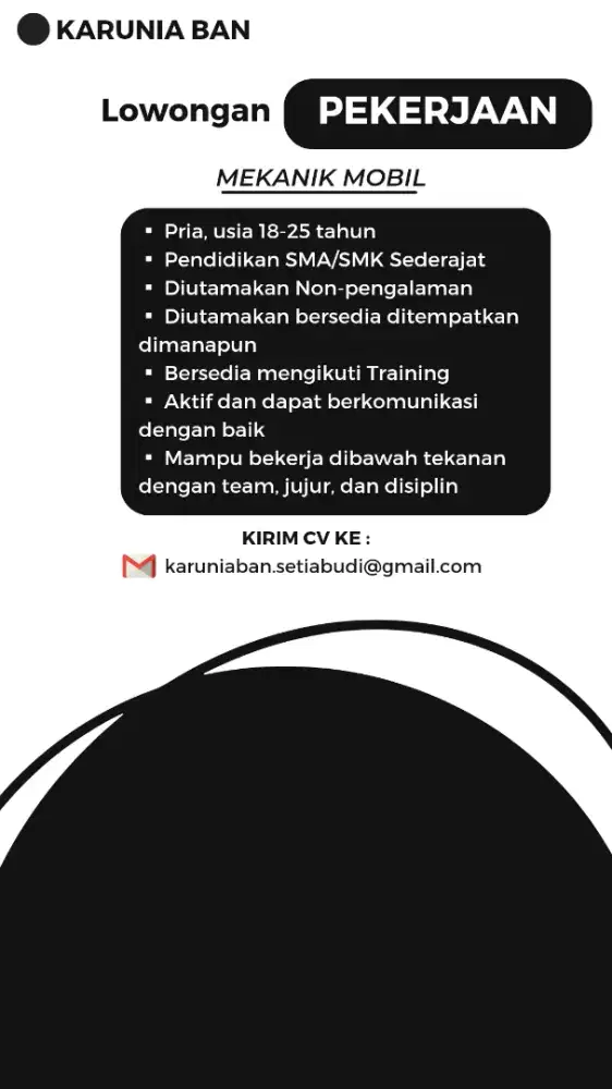 LOWONGAN PEKERJAAN - MEKANIK MOBIL