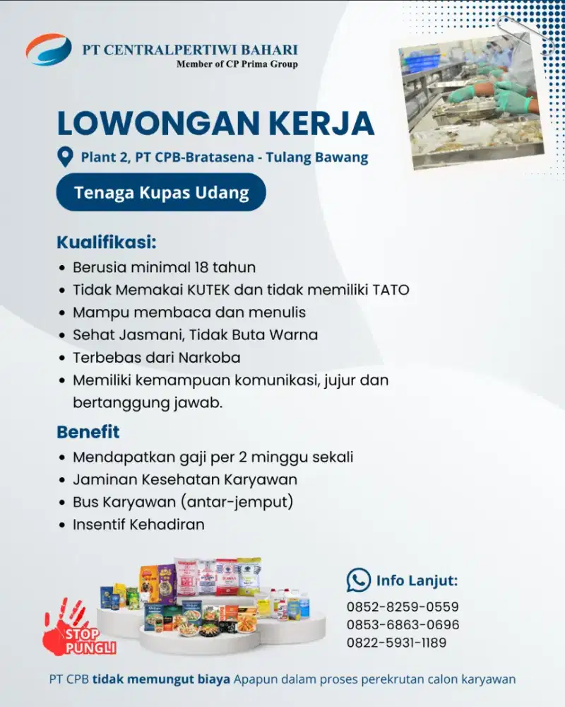 Dicari Karyawan CPB-Bratasena