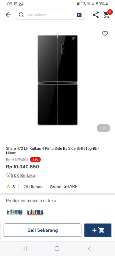 PROMO KREDIT SHARP 472 LTR KULKAS 4 PINTU SBS