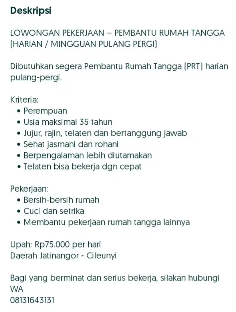 Dicari ART Pembantu Rumah tangga harian mingguan PP