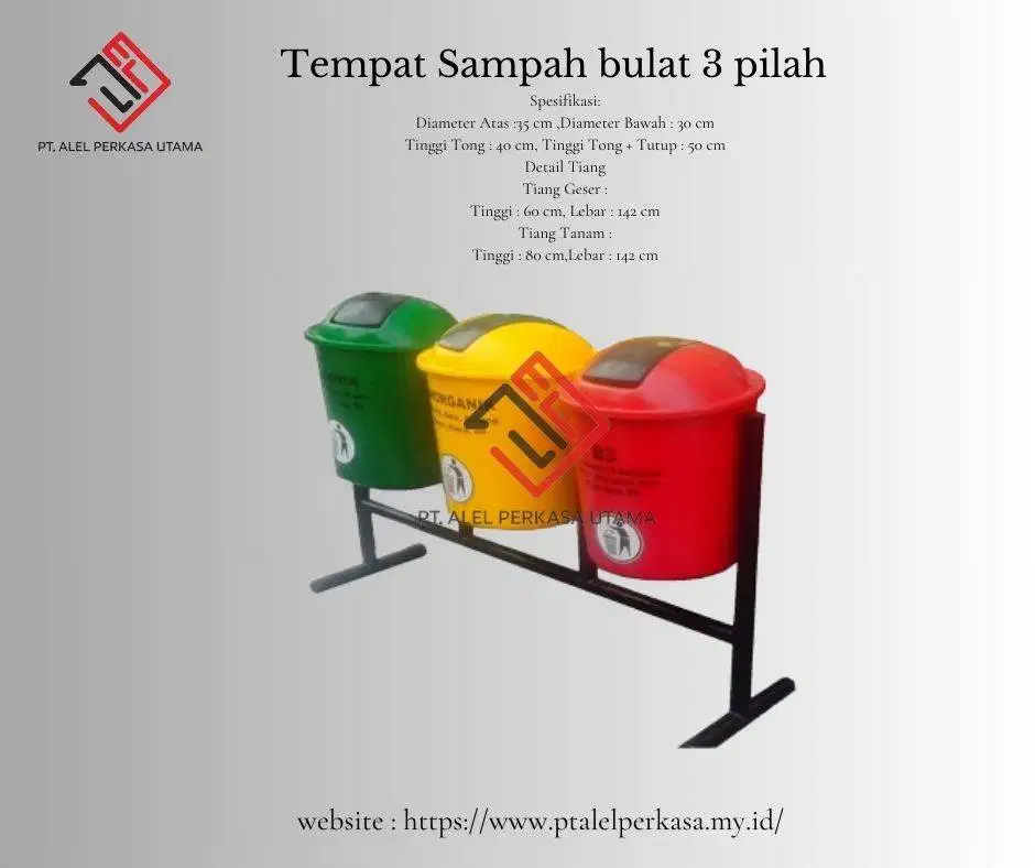Tempat Sampah Bulat 3 Pilah Diameter Atas 35cm Diameter Bawah 30cm