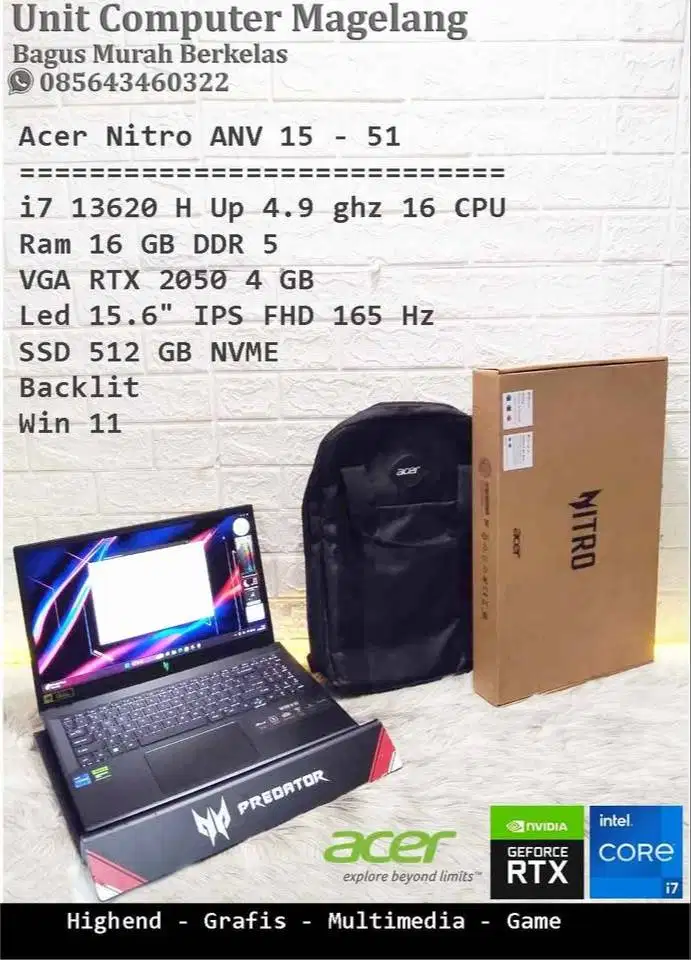 Laptop Gaming Acer Nitro V15 Intel Core i7 gen 13 II RTX 2050 II15.6'