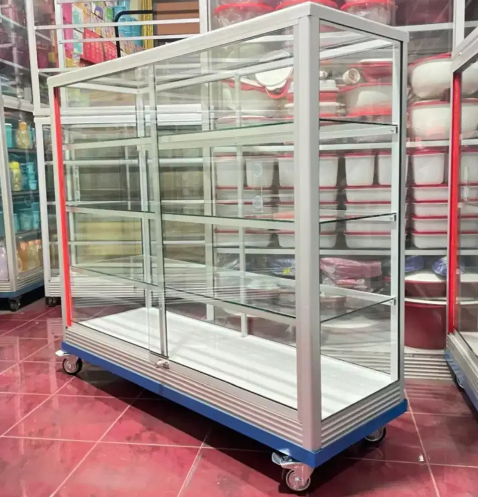 Etalase Ukuran 1,2Mx1M Pakai Roda Kaca Full 5mm