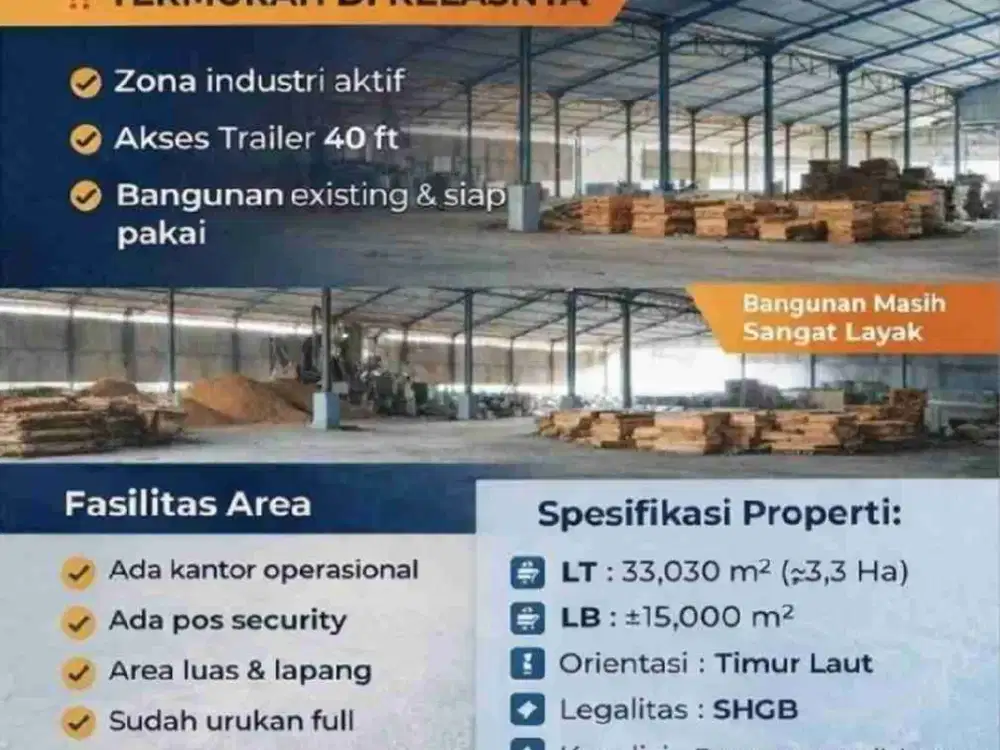 DI JUAL MURAH GUDANG EX PABRIK SIAP PAKAI DI MAYJEN SUNGKONO GRESIK

Ada kantor
Ada pos security
Zona industri
Akses Trailer 40 ft 

LT 33.030 m² (3.3ha)
*Lebar Depan 40 m*
LB 15.000 m²
SHGB | Timur laut
Sudah urukan full
Kondisi bangunan masih bagus
Rp 3