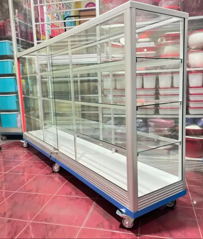 Etalase Pakai Roda Panjang 2M Kaca Full 5MM