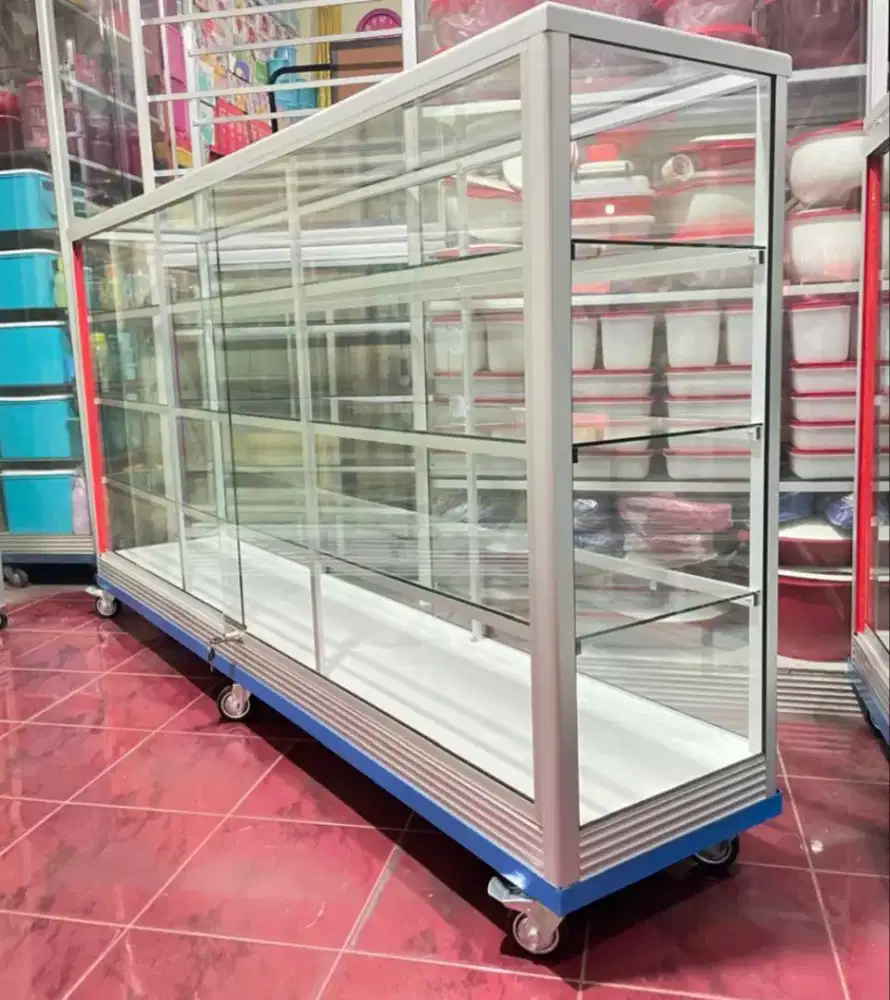 Etalase Pakai Roda Panjang 2M Kaca Full 5MM