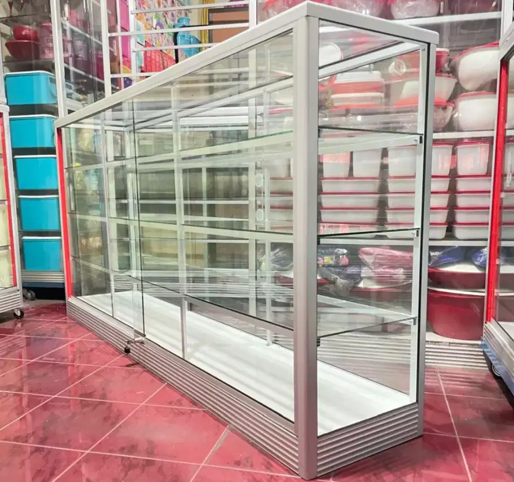 Etalase Panjang 2 Meter, Kondisi Baru, Kaca full 5mm