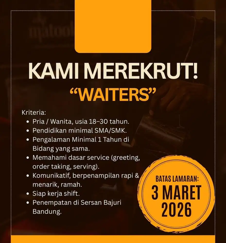 Lowongan Kerja Waiters Di Coffee Shop Baru Sersan Bajuri Bandung