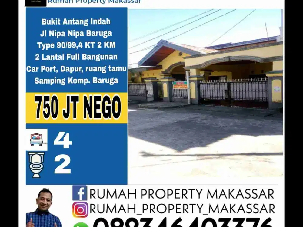 Bukit Antang Indah
Jl Nipa Nipa Baruga
Type 90/99,4 KT 2 KM
2 Lantai Full Bangunan
Car Port, Dapur, ruang tamu
Samping Komp. Baruga
Rp. 725 Jt Nego