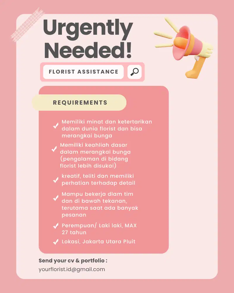 DIBUTUHKAN PERANGKAI BUNGA / FLORIST / PACKER