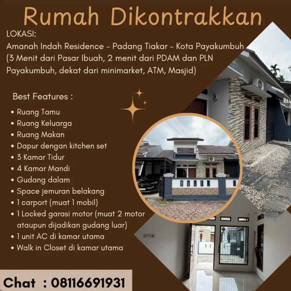 Disewakan rumah 3 kamar 4 kamar mandi kota Payakumbuh