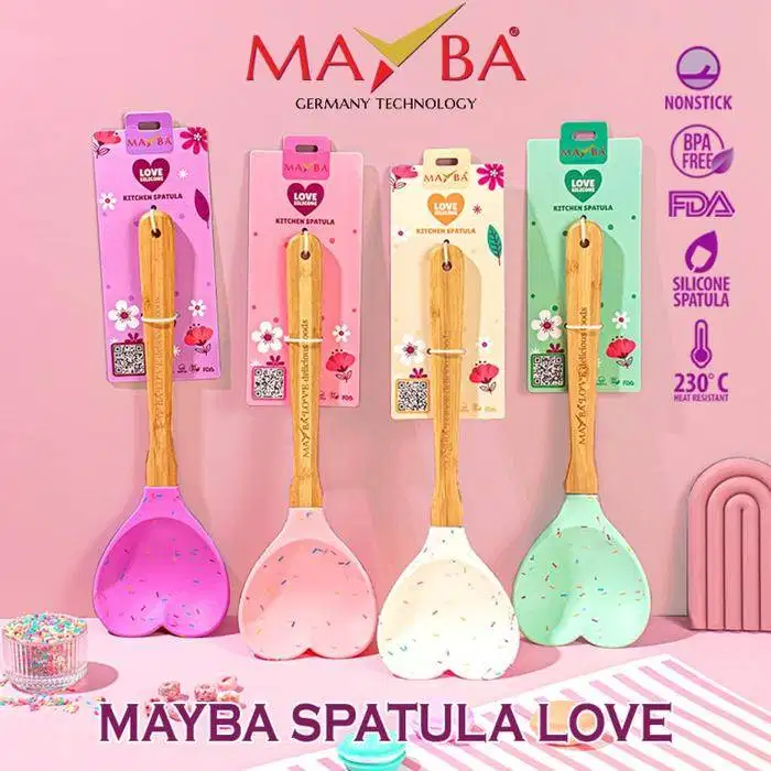 Spatula silicone Heart love Mayba motif ceres warna pastel cream, pink