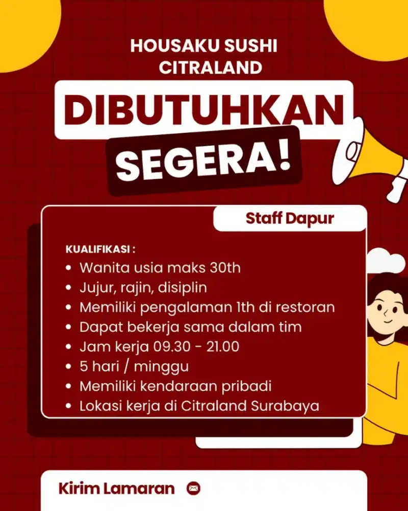 Dicari Staf Dapur Restoran Jepang di Citraland Surabaya