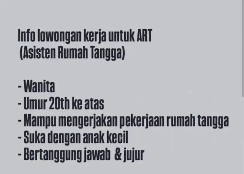 Asisten rumah tangga untuk kerja di jakarta