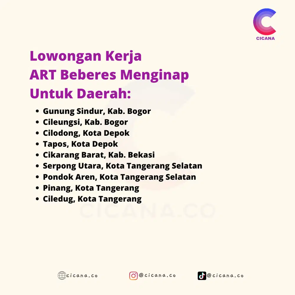 Info Loker ART dan Babysitter Menginap Cicana (Langsung Rumah Majikan)