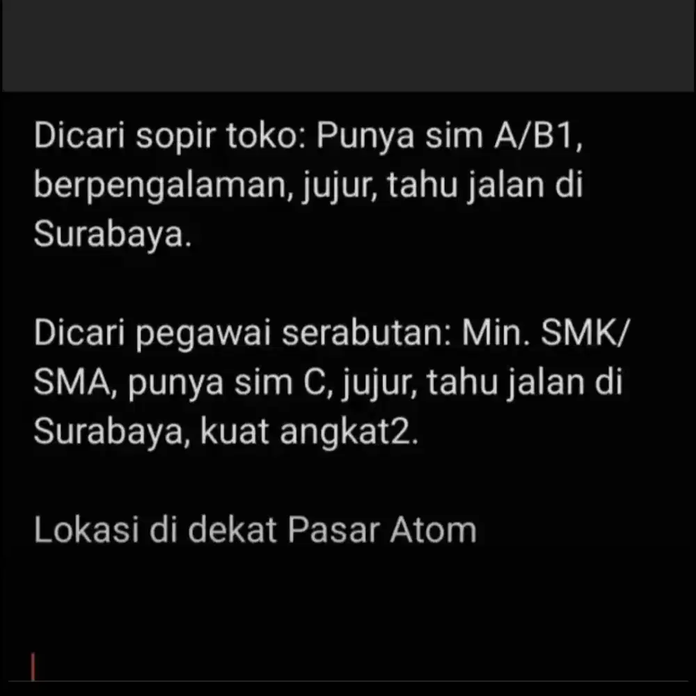 Dicari Sopir Toko & Pegawai Serabutan