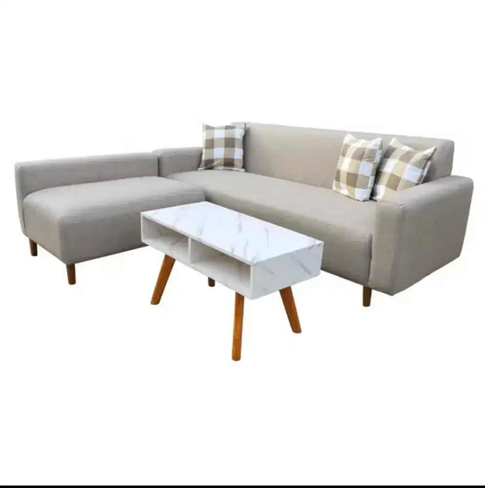 Sofa tamu model L retro + meja,bisa request bahan bludru,kulit,kanvas