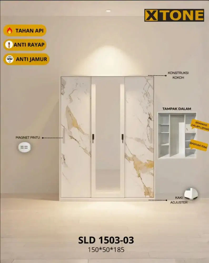 Lemari baju 3 pintu jumbo bahan besi plat pintu geser