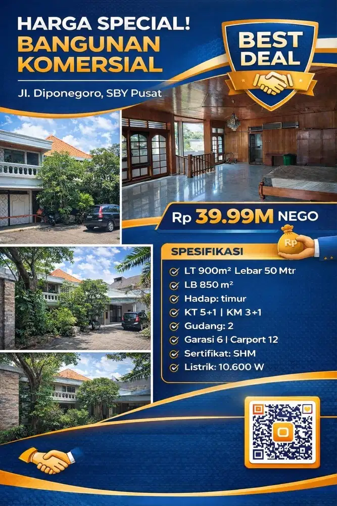 DIJUAL BANGUNAN KOMERSIAL JL DIPONEGORO SURABAYA PUSAT! HARGA SPESIAL!