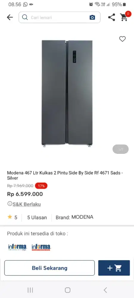 PROMO KREDIT MODENA 467LTR KULKAS 2 PINTU SBS