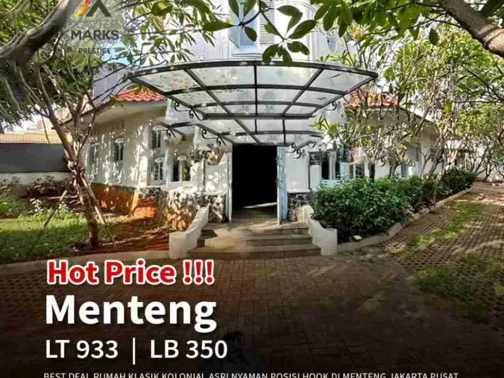 TURUN HARGA!!
For Sale
Rumah Kokoh Klasik Kolonial
Luas, Asri dan Nyaman
Luas Tanah +- 938 m2 
Menteng Area Pegangsaan
Jakarta Pusat

Posisi Rumah Hook
Hadap Barat -  Selatan 
Bangunan 1,5 lantai
Taman depan & belakang yang luas
Dapur Luas
Pencahayaan dan