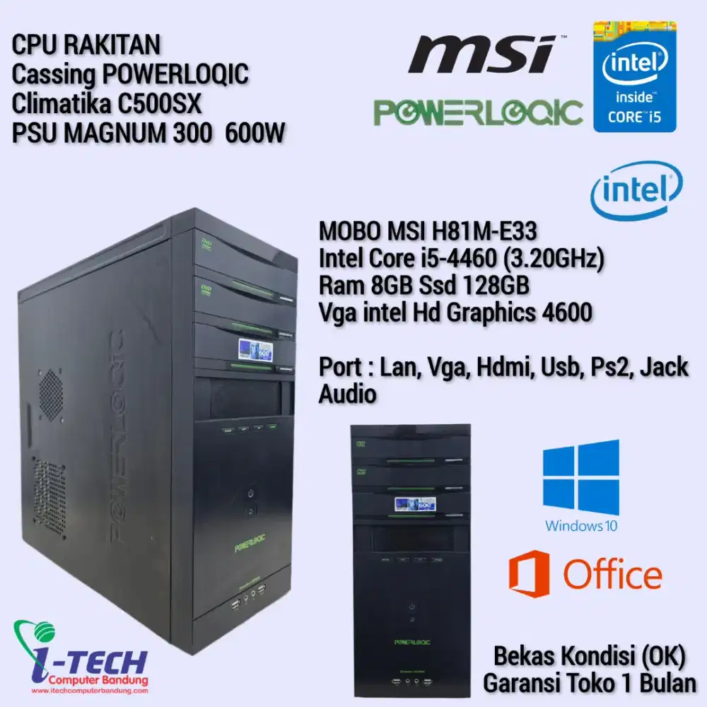 CPU RAKITAN CASSING POWERLUQIC CORE i5-4460 RAM 8GB SSD 128GB