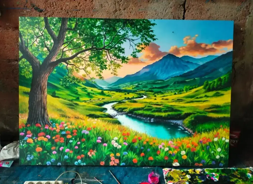 Dijual lukisan kanvas pemandangan 90x130 cm