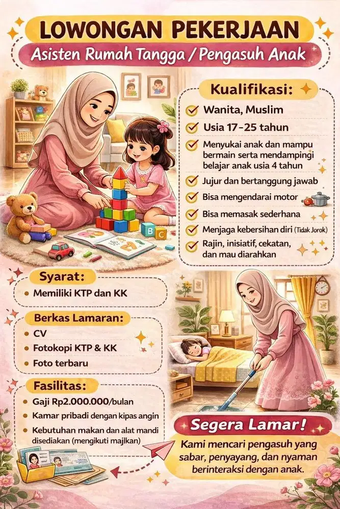Dicari ART untuk jaga anak, urus anak, Momong sekaligus bersih2
