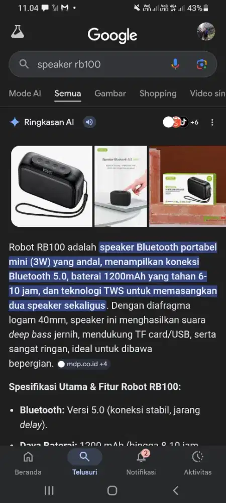 Jual speaker bluetooth merek robot rb100