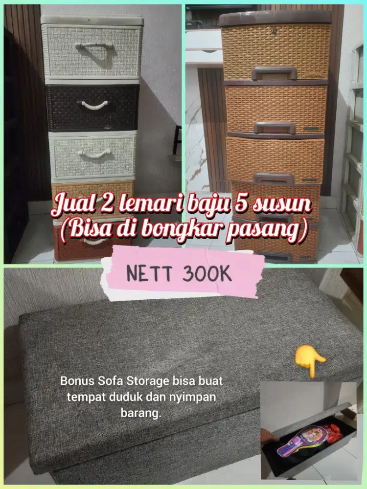 Jual 2 lemari susun 5 tingkat 300k nett.