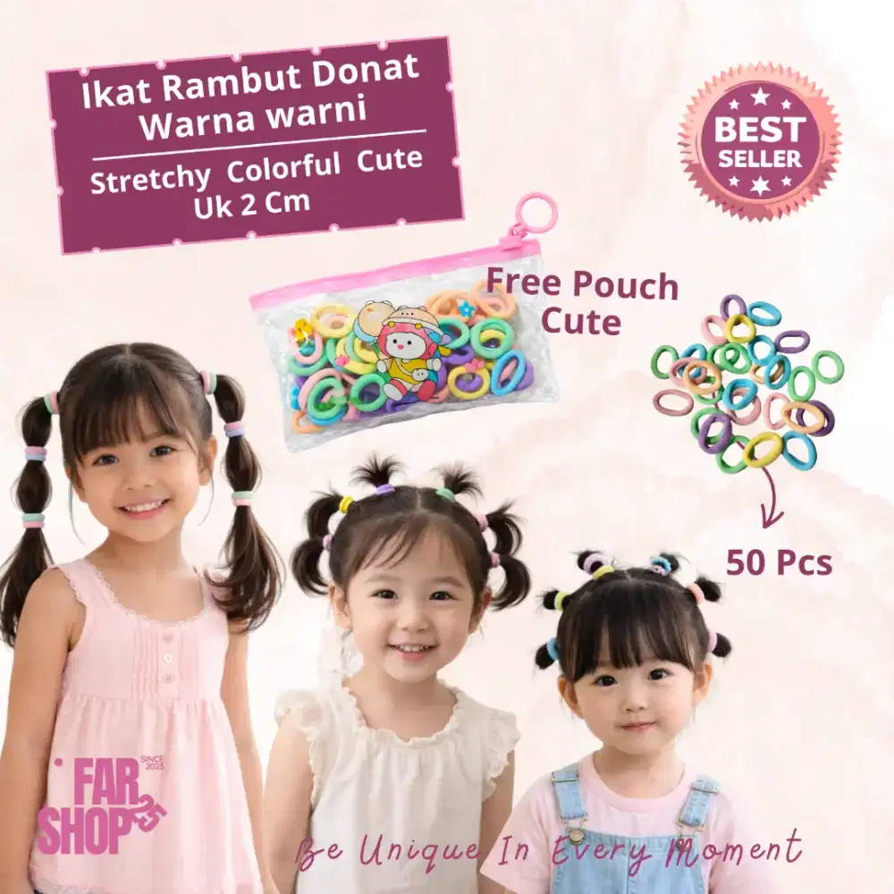50 pcs Ikat Rambut Donat Anak Warna Warni Mini Stretchy Free Pouch