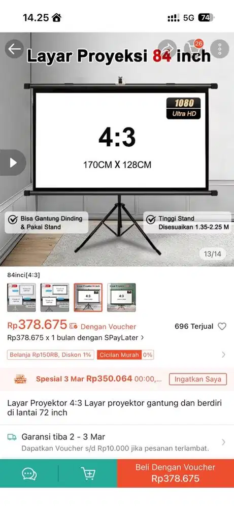 Proyektor 3:4 gantung dan berdiri layar