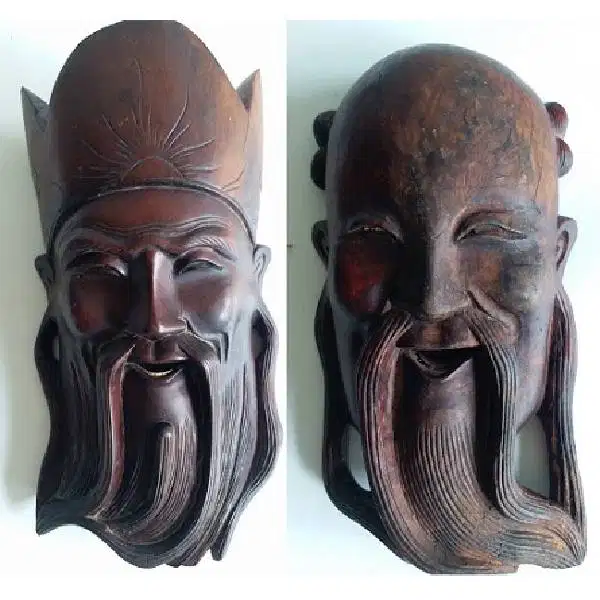 2 Pcs Antik emperor seni pahatan topeng kayu primitif Chinese oriental