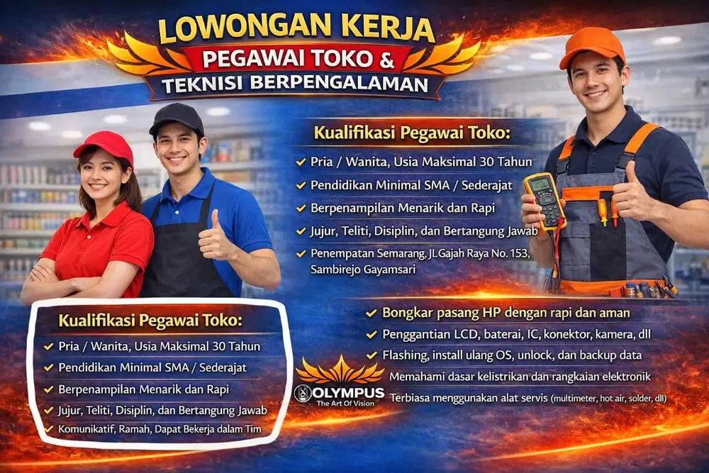 Segera dibuka Olympus Sparepart, dibutuhkan Teknisi dan pegawai Toko :