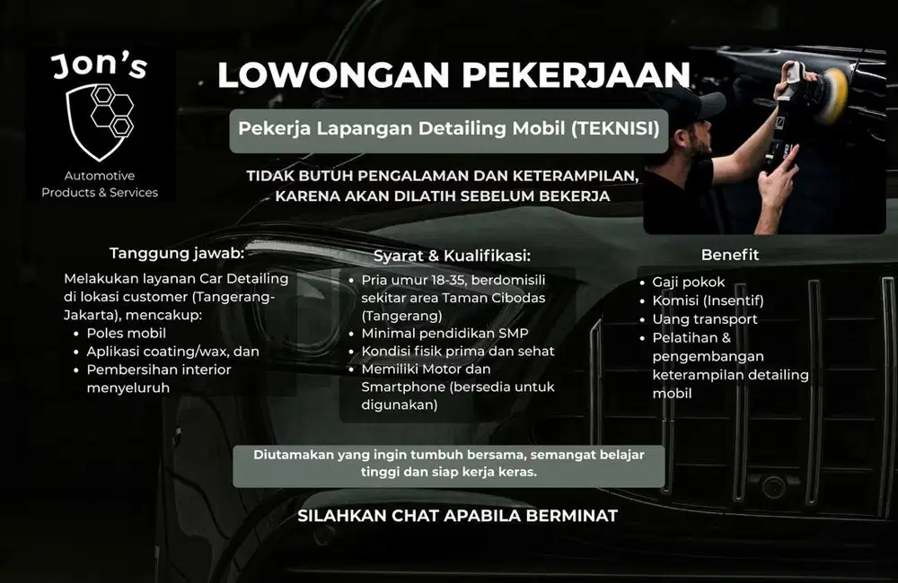 Lowongan Kerja: Pekerja Lapangan (Teknisi) Detailing Mobil