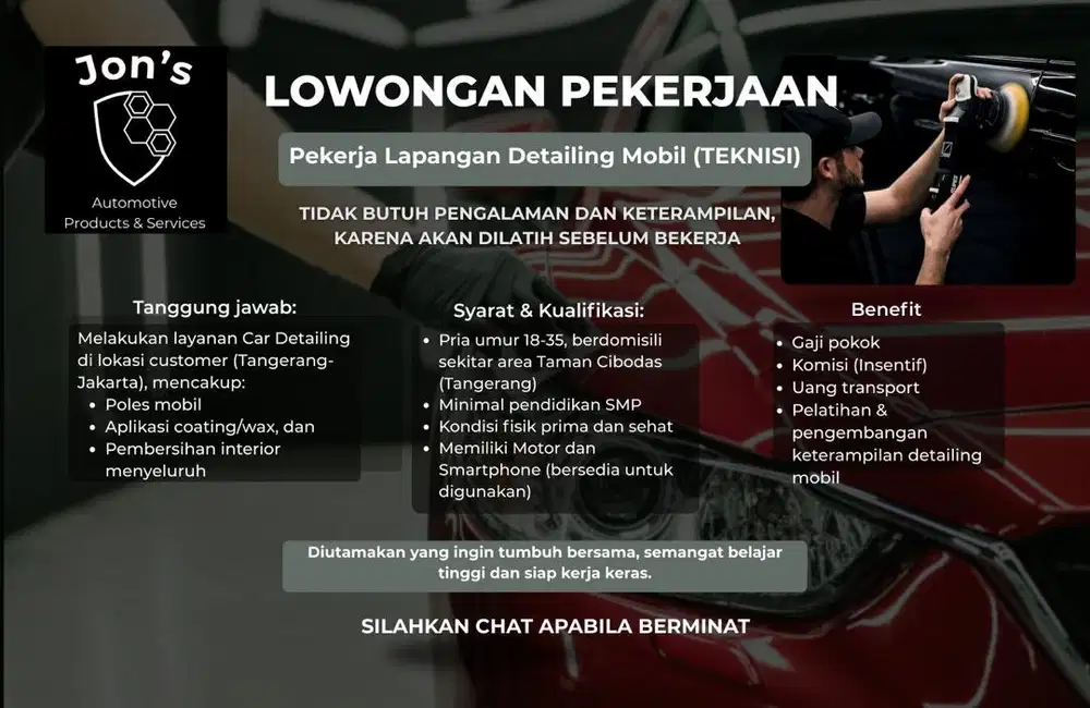 Lowongan Kerja: Teknisi/ Pekerja Lapangan Detailing Mobil