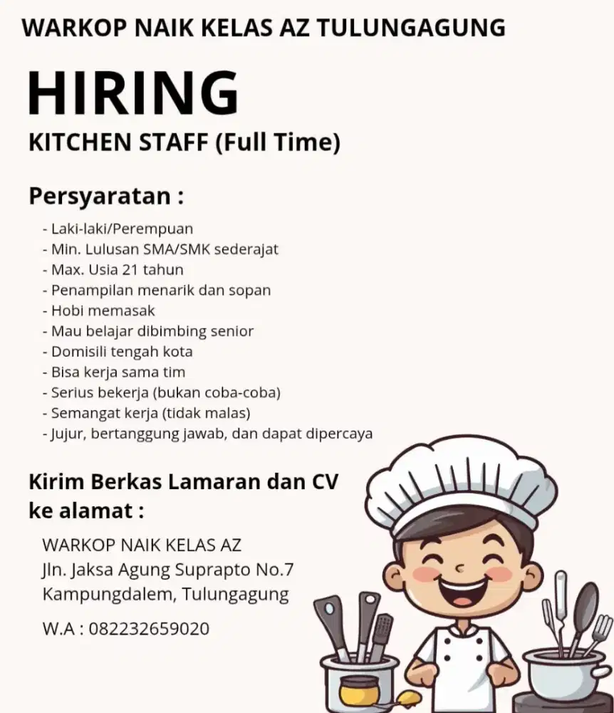 DICARI KARYAWAN KARYAWATI DAPUR KAFE DI TULUNGAGUNG