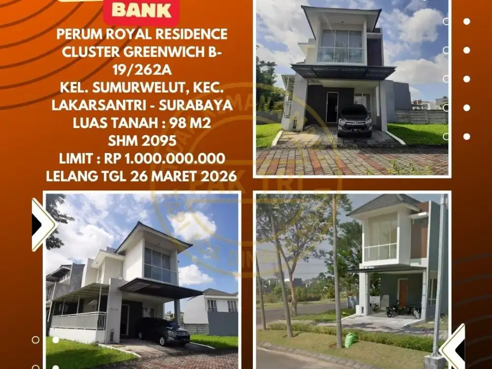 DIJUAL RUMAH VIA LELANG BANK DI LAKARSANTRI SURABAYA (PERUM ROYAL RESIDENCE CLUSTER GREENWICH) – LELANG KPKNL