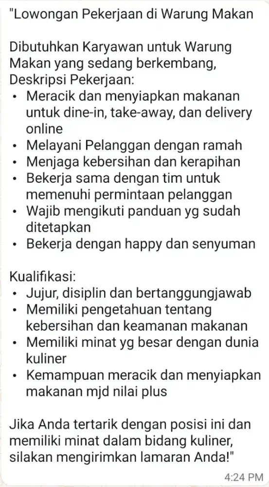 Dibutuhkan karyawan warung makan