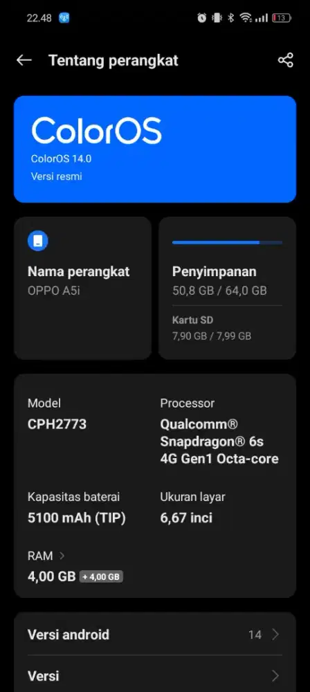 Oppo A5i ram 4+4/64